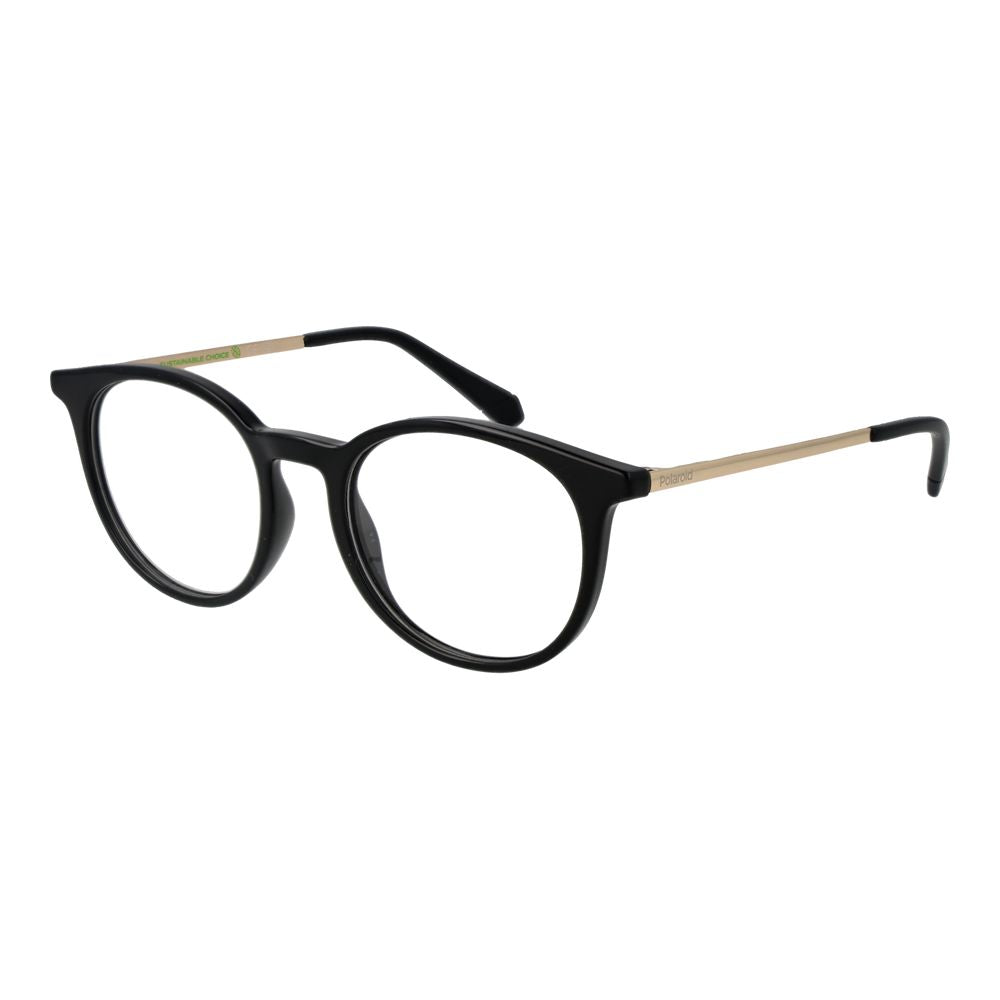 Polaroid Black Unisex Glasses Frame with full-rim polyester construction and demo lenses, featuring classic panto style.