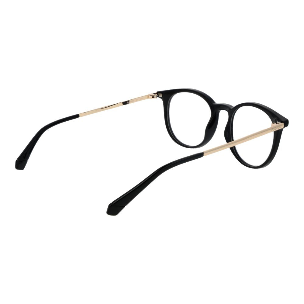 Polaroid Black Unisex Glasses Frame featuring full-rim black polyester design, demo lenses, and panto style.