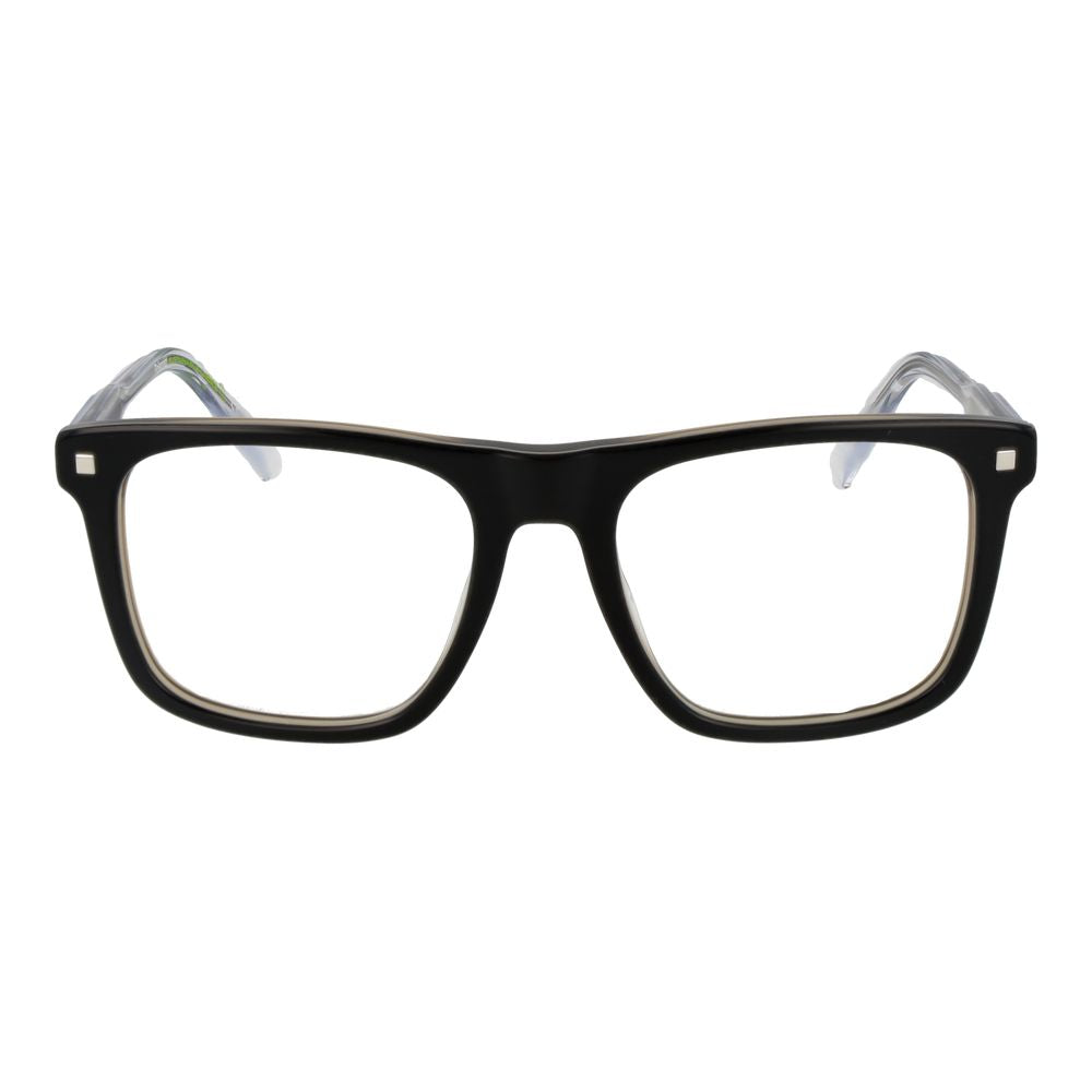 Polaroid Black Men Glasses Frame with full-rim black acetate, rectangle style, and spring hinge, lens size 53-19-145.
