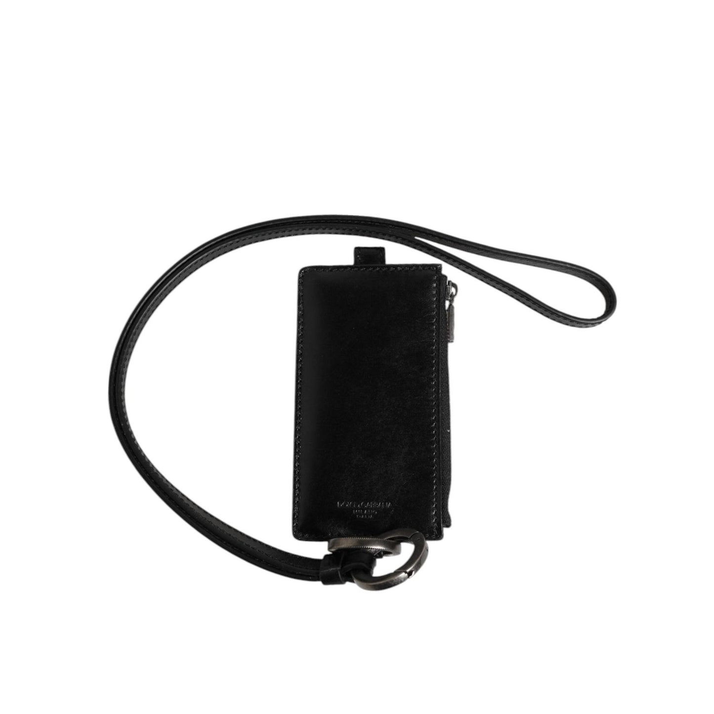 Dolce & Gabbana Black Leather Logo Embossed Lanyard Card Holder Wallet against a white background