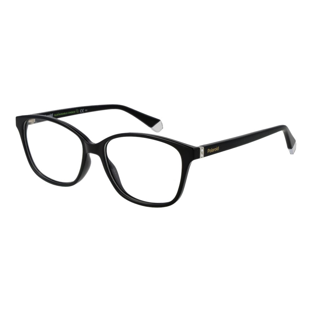 Polaroid Black Women Glasses Frame, full-rim rectangle style, black polyamide frame with demo lenses, includes branded case.