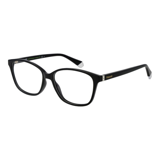 Polaroid Black Women Glasses Frame, full-rim rectangle style, black polyamide frame with demo lenses, includes branded case.