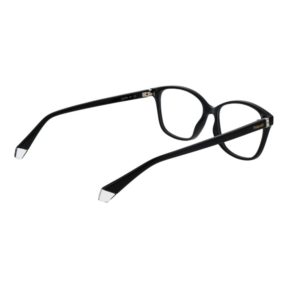 Polaroid Black Women Glasses Frame with full-rim black polyamide rectangle design, ideal for modern style, included with branded case.