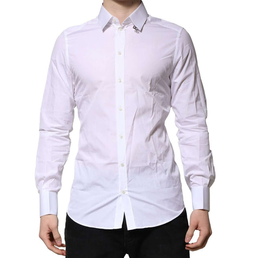Dolce & Gabbana White Cotton GOLD Long Sleeves Formal Shirt with gold accents and logo detail, slim fit, elegant for formal occasions.
