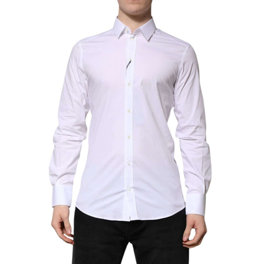 Dolce & Gabbana White Cotton GOLD Long Sleeves Formal Shirt, slim fit, modeled front view, showcasing luxury tailoring and elegance.