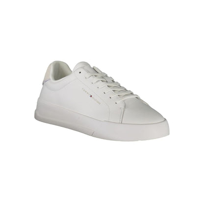 Tommy Hilfiger White Leather Men Sneaker with grey accents and logo detail, showcasing timeless casual elegance and comfort.