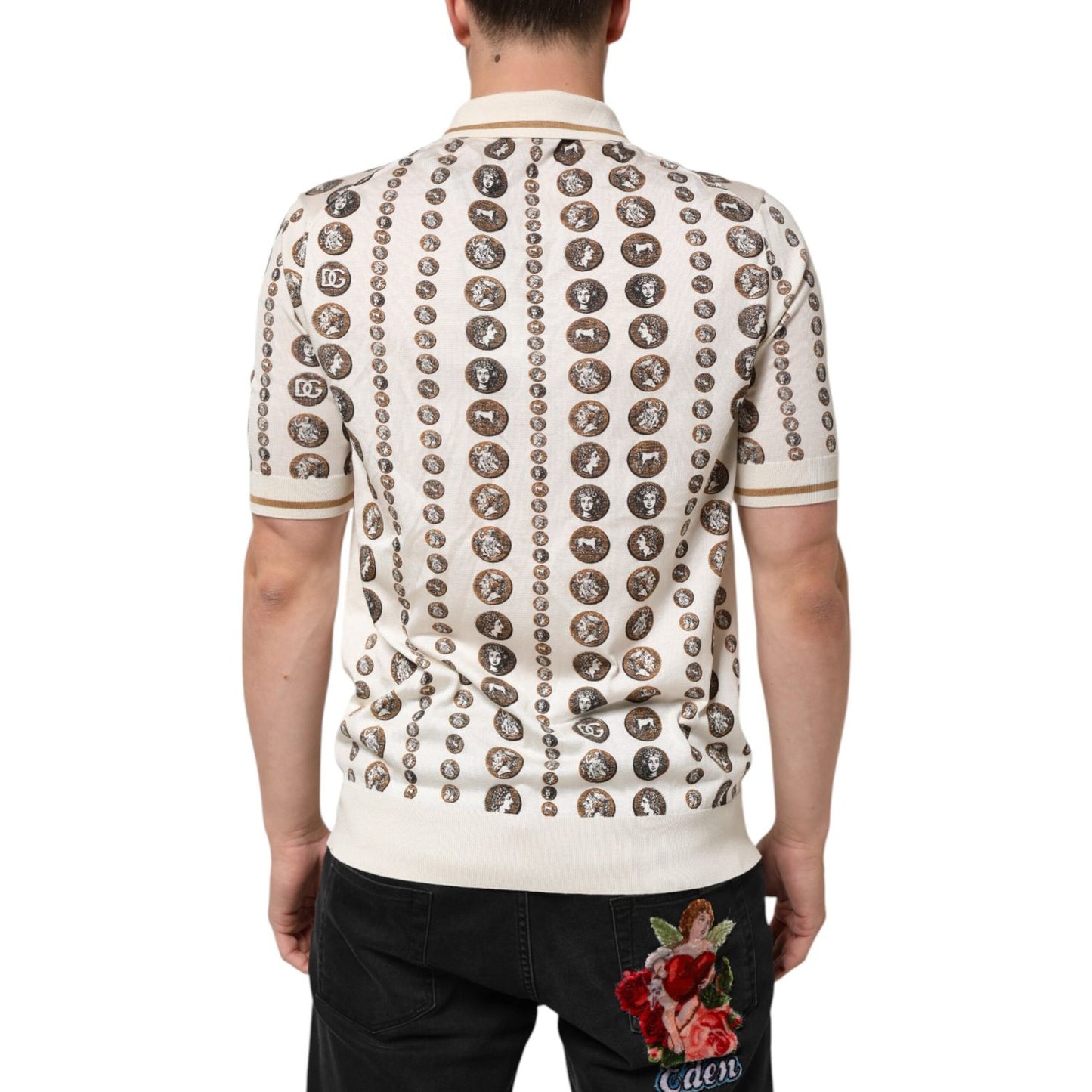 Dolce & Gabbana Silk Ivory Coin Print Logo Men Polo T-shirt