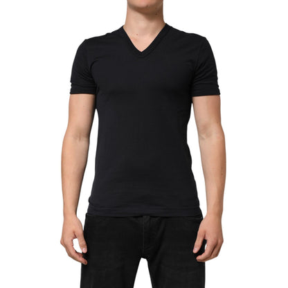 Dolce & Gabbana Black Cotton Plain V-Neck Men Shirt T-shirt