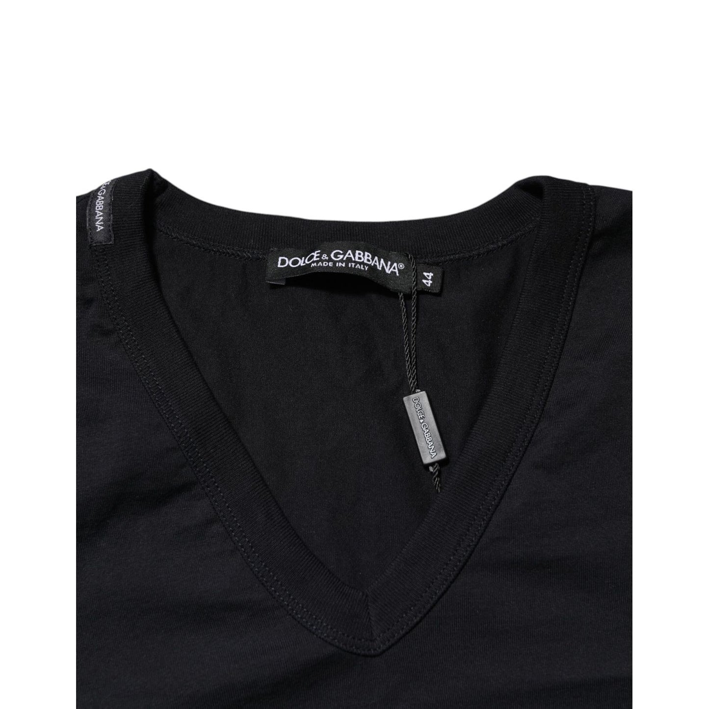 Dolce & Gabbana Black Cotton Plain V-Neck Men Shirt T-shirt