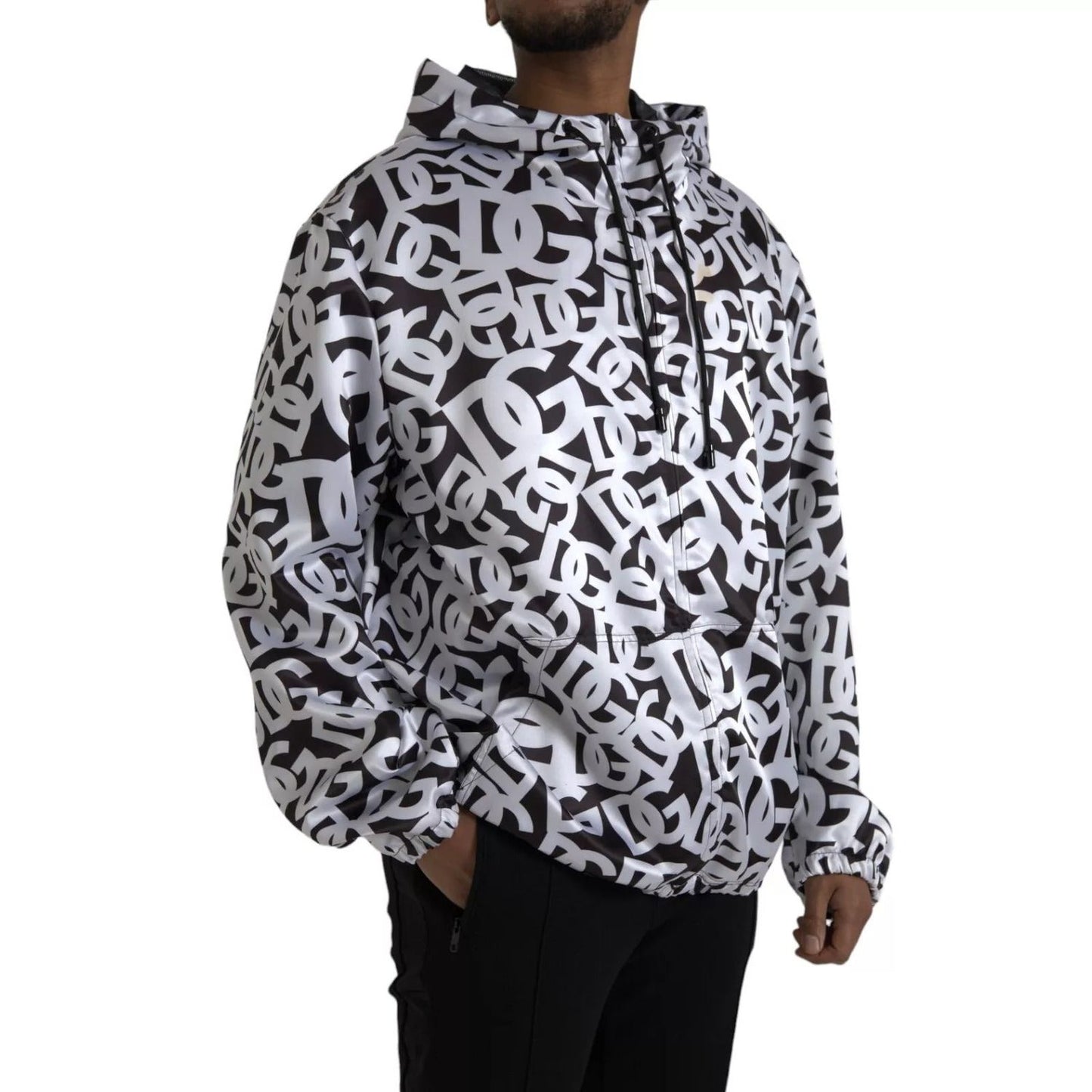 Dolce & Gabbana White Black Logo Hooded Full Zip Bomber Jacket JKT3871-56