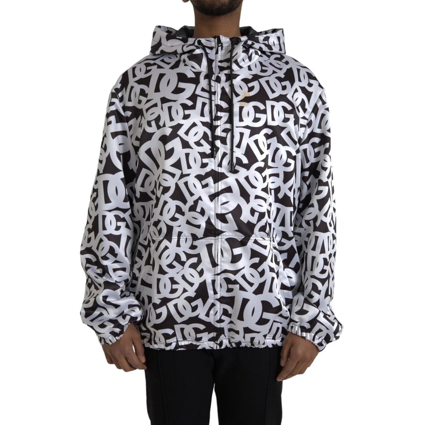Dolce & Gabbana White Black Logo Hooded Full Zip Bomber Jacket JKT3871-56