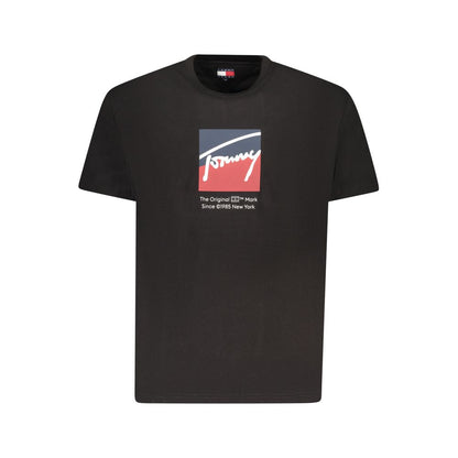 Tommy Hilfiger Black Cotton Men T-Shirt with logo and print, short-sleeved crew neck made from 95% regenerative cotton.