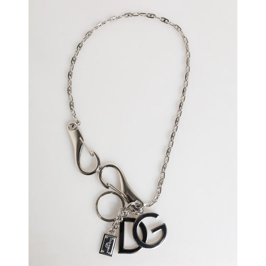 Dolce & Gabbana Silver DG Logo Key Holder Keychain Bag Charm Keyring with metal chain and black logo charms.