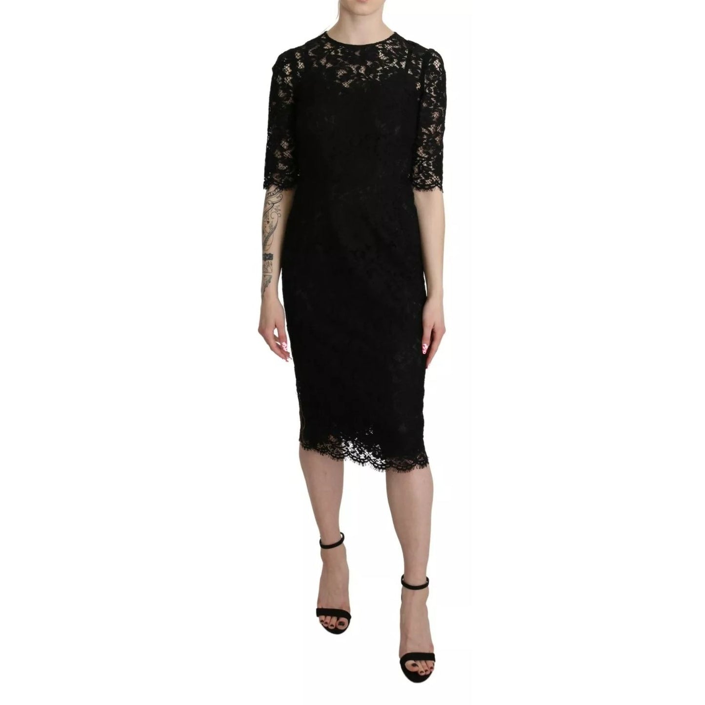 Dolce & Gabbana Black Floral Lace Sheath Knee Length Dress