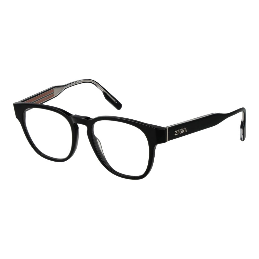 Ermenegildo Zegna Black Men Glasses Frame in full-rim acetate, square design with demo lenses, size 51-18-145, includes branded case.