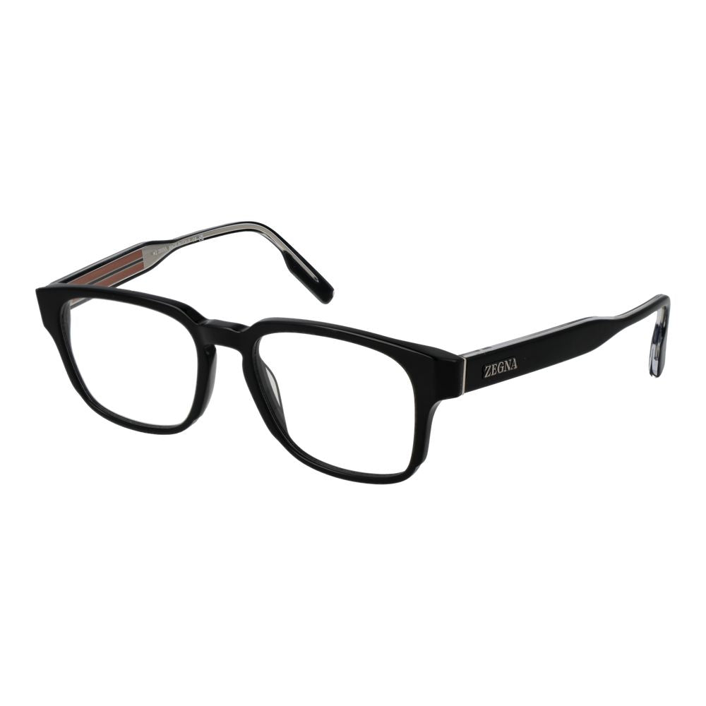 Ermenegildo Zegna Black Men Glasses Frame in acetate, full-rim rectangle style, lens width 53, includes branded case.