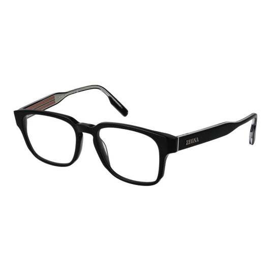 Ermenegildo Zegna Black Men Glasses Frame in acetate, full-rim rectangle style, lens width 53, includes branded case.