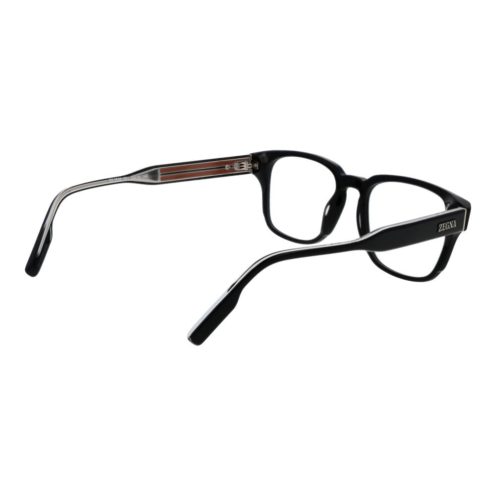 Ermenegildo Zegna Black Men Glasses Frame in full-rim acetate, demo lenses, rectangle style, size 53-18-145, includes branded case.