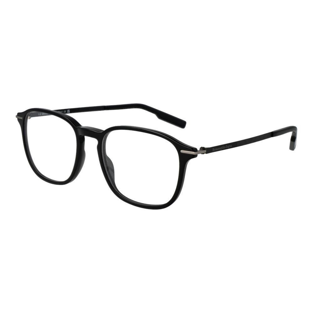 Ermenegildo Zegna Black Men Glasses Frame, full-rim black acetate square design with demo plastic lenses, size 52-18-145.