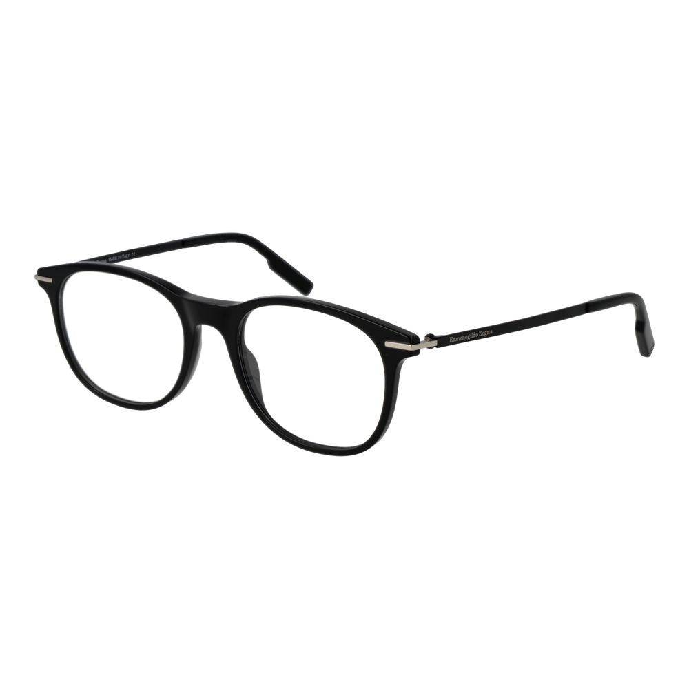 Ermenegildo Zegna Black Men Glasses Frame, full-rim black plastic panto style, size 53-19-145, with demo lenses.