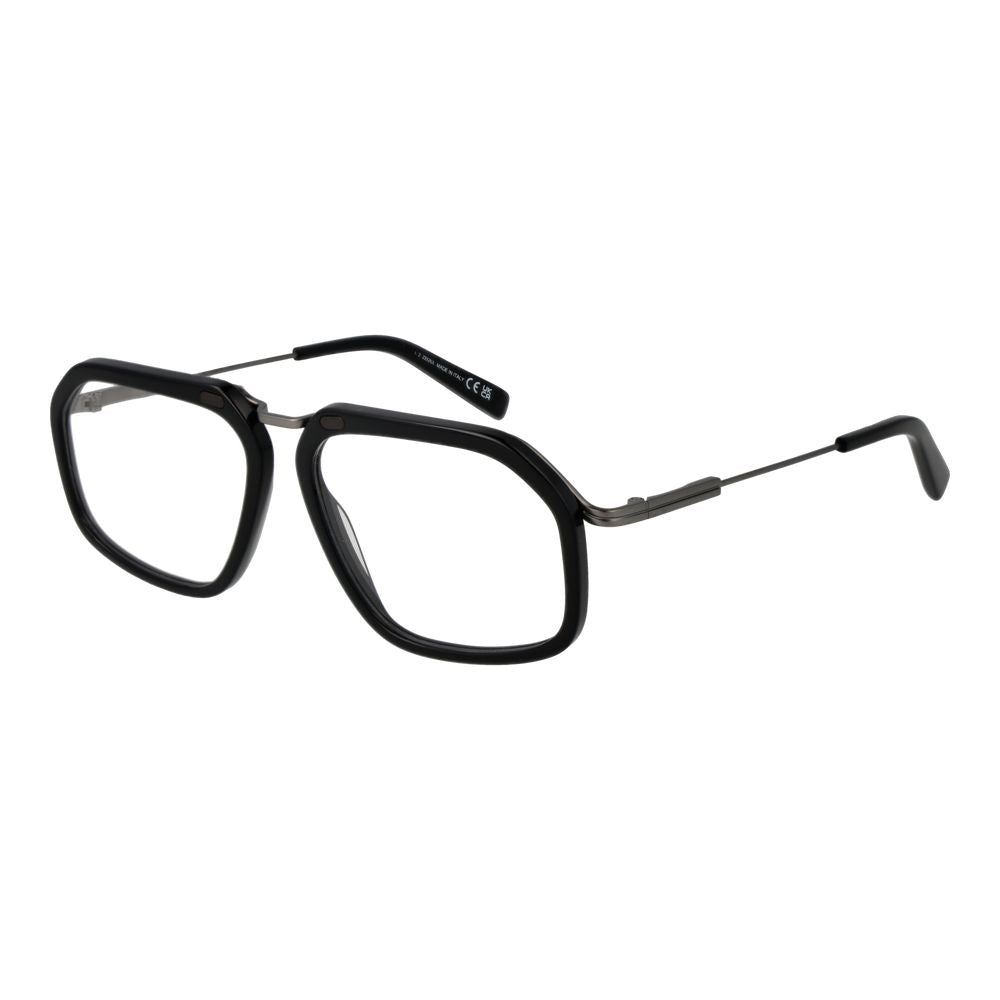 Ermenegildo Zegna Black Men Glasses Frame, full-rim black metal frame with demo lenses, aviator style, includes branded case.