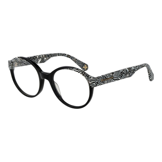 Christian Lacroix Black Women Glasses Frame, acetate full-rim round shape with demo lenses. Black and patterned design.
