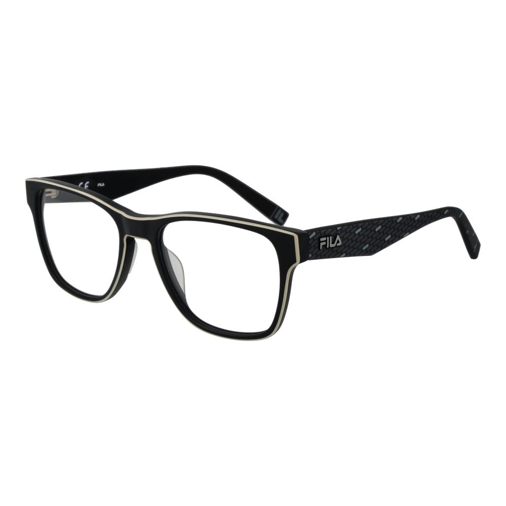 Fila Black Unisex Glasses Frame with cellulose acetate, full-rim, square style, UVA&UVB protection, size 54-18-140, demo lenses.