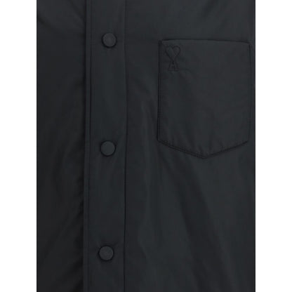 Ami Paris Black Polyester Coat featuring chest patch pocket and Ami de Coeur logo. Water-repellent taffeta jacket with snap-button cuffs.