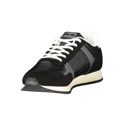 Tommy Hilfiger Black Polyester Men Sneaker with contrasting details and iconic logo, perfect for athletic and casual wear.