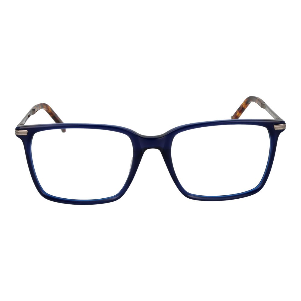 Hackett Blue Men Glasses Frame, square full-rim plastic, size 56-19-145, featuring blue demo lenses, includes branded case.