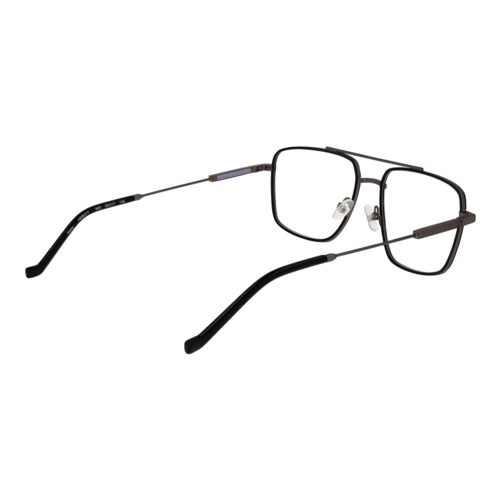 Hackett Gray Men Glasses Frame in gunmetal color with metal full-rim aviator style, demo lenses, and included branded case.