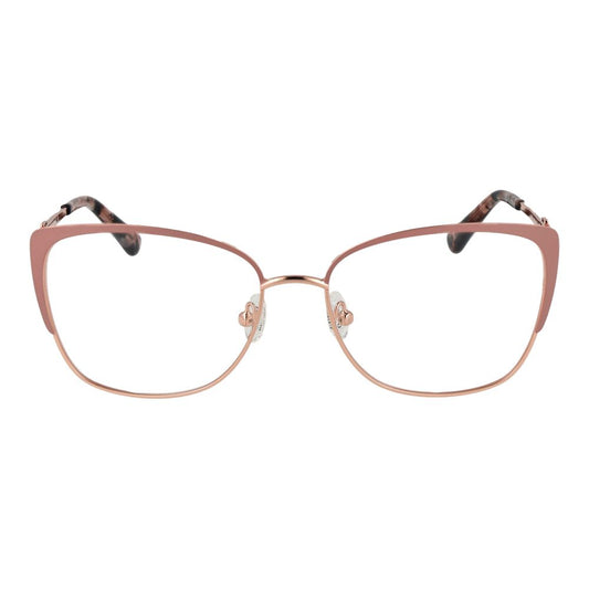 Guess Pink Women Glasses Frame in rose metal full-rim butterfly style, demo lenses, 55mm width, 16mm bridge, spring hinge, includes branded case.
