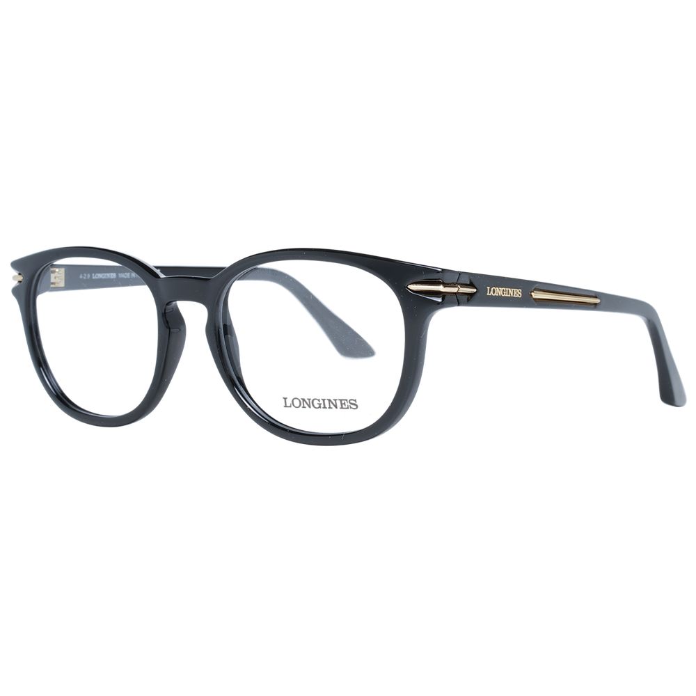 Longines Black Unisex Glasses Frame, full-rim plastic style with demo lenses, ideal for both men and women, size 52-17-145.