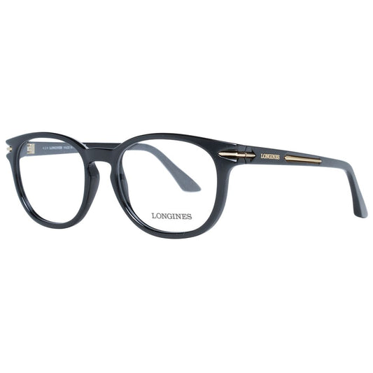 Longines Black Unisex Glasses Frame, full-rim plastic style with demo lenses, ideal for both men and women, size 52-17-145.