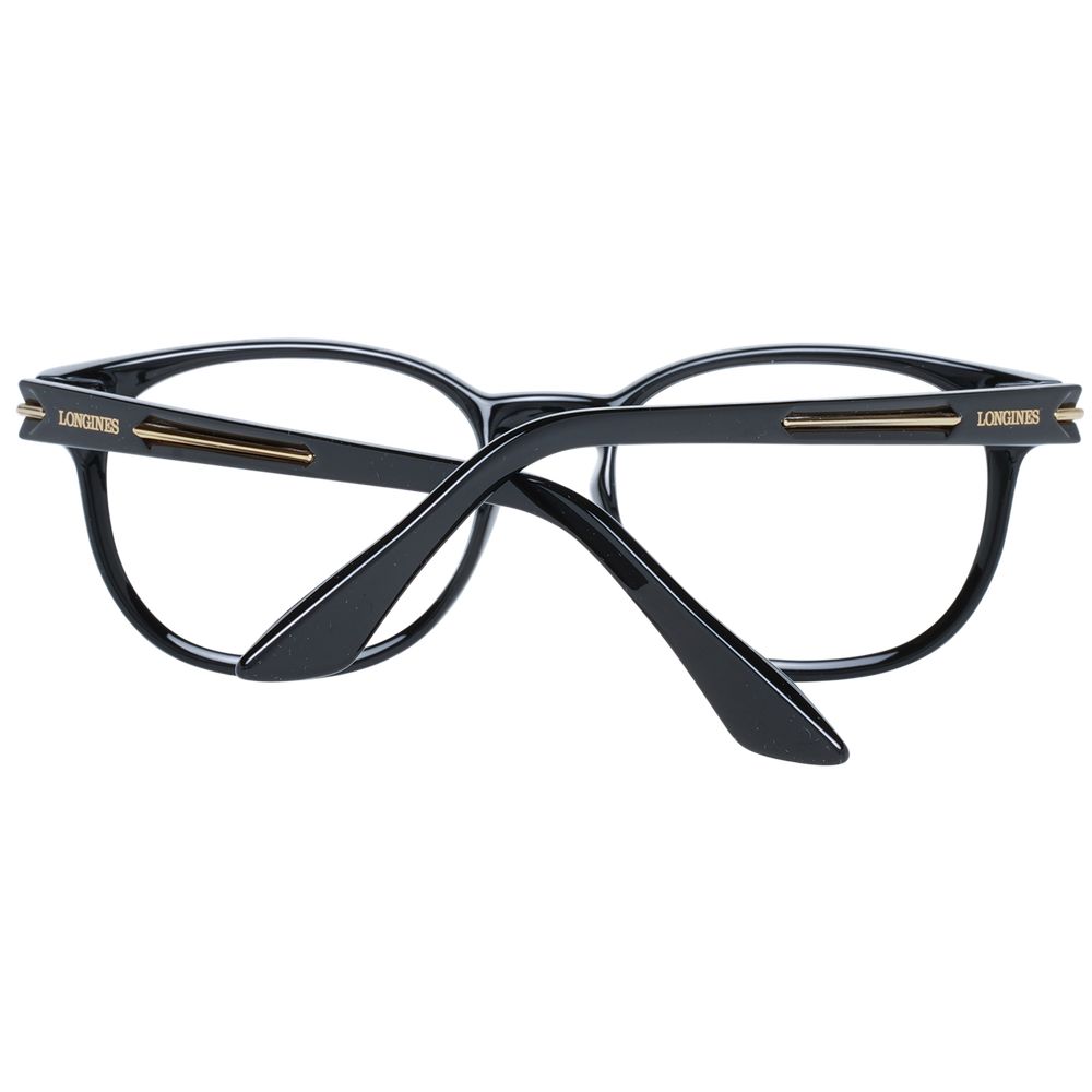 Longines Black Unisex Glasses Frame, round plastic full-rim design, demo lenses, elegant and timeless eyewear with branded case included.