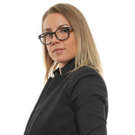 Longines Black Unisex Glasses Frame on woman with blonde hair, showcasing full-rim round style and plastic material.