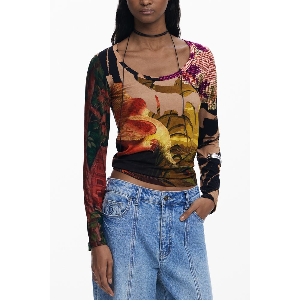 Desigual Brown Elastane Women T-Shirt with colorful print, long sleeves, wide neckline, featuring Desigual edge and comfort.