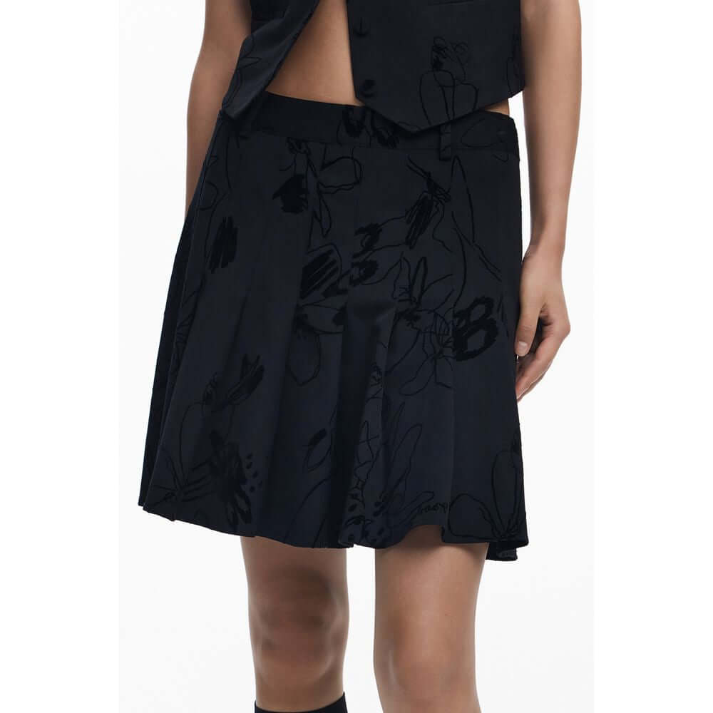 Desigual Black Polyester Women Skirt with audacious flock design and side zipper, showcasing bold fashion statement.
