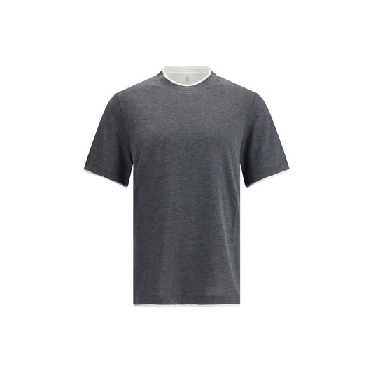 Brunello Cucinelli Silk T-Shir with two-tone hem, elegant and contemporary design in monochrome for refined fashion lovers.