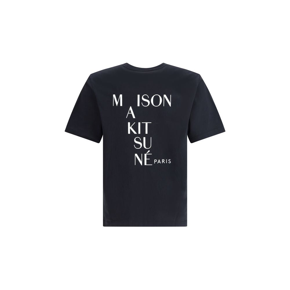 Maison Kitsuné Black Cotton T-Shirt with logo patch, featuring a comfortable ribbed crew neck and regular fit, perfect for casual looks.