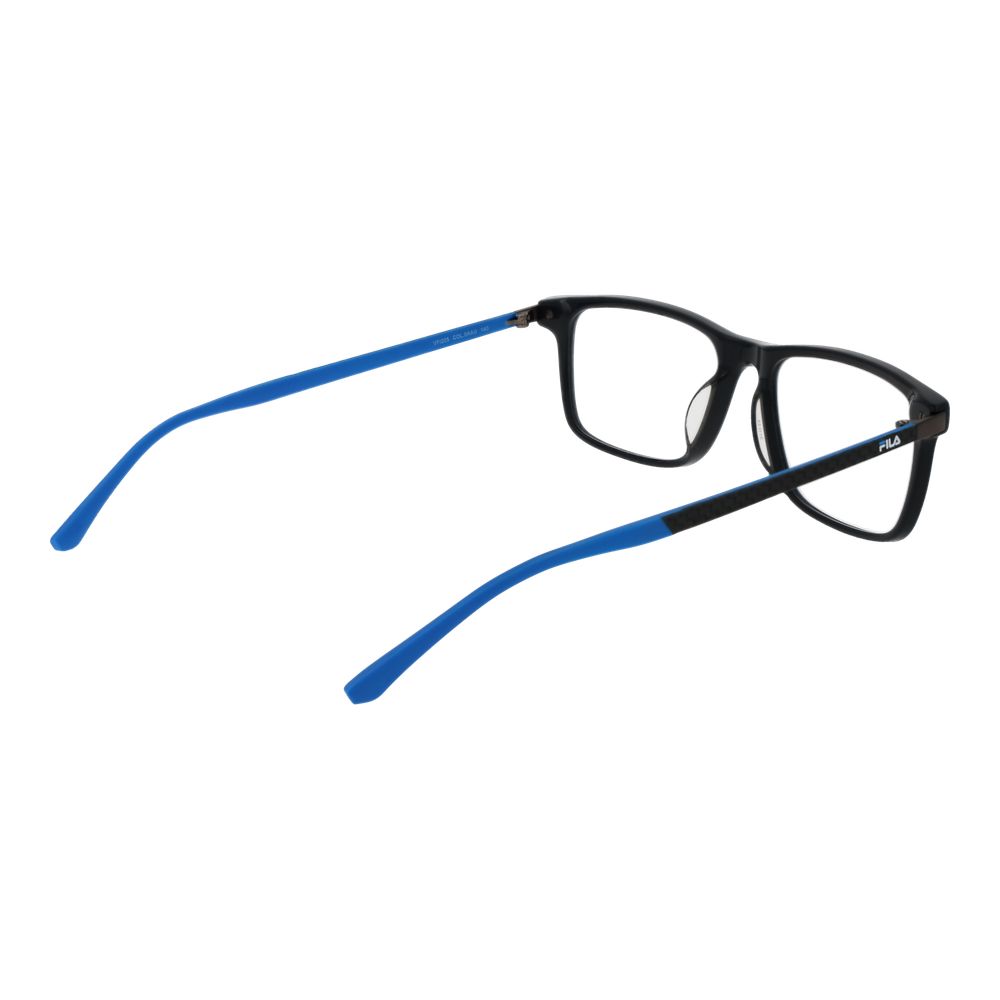 Fila Gray Men Glasses Frame in full-rim rubber style with grey frame, demo lenses, rectangular design, and branded case included.