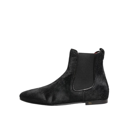 Dolce & Gabbana Black Leather Fur Men CHELSEA Boots Shoes