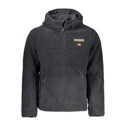 Napapijri Black Polyester Jackets & Coat with hood, regular fit, contrasting details, embroidery, zip, and logo.