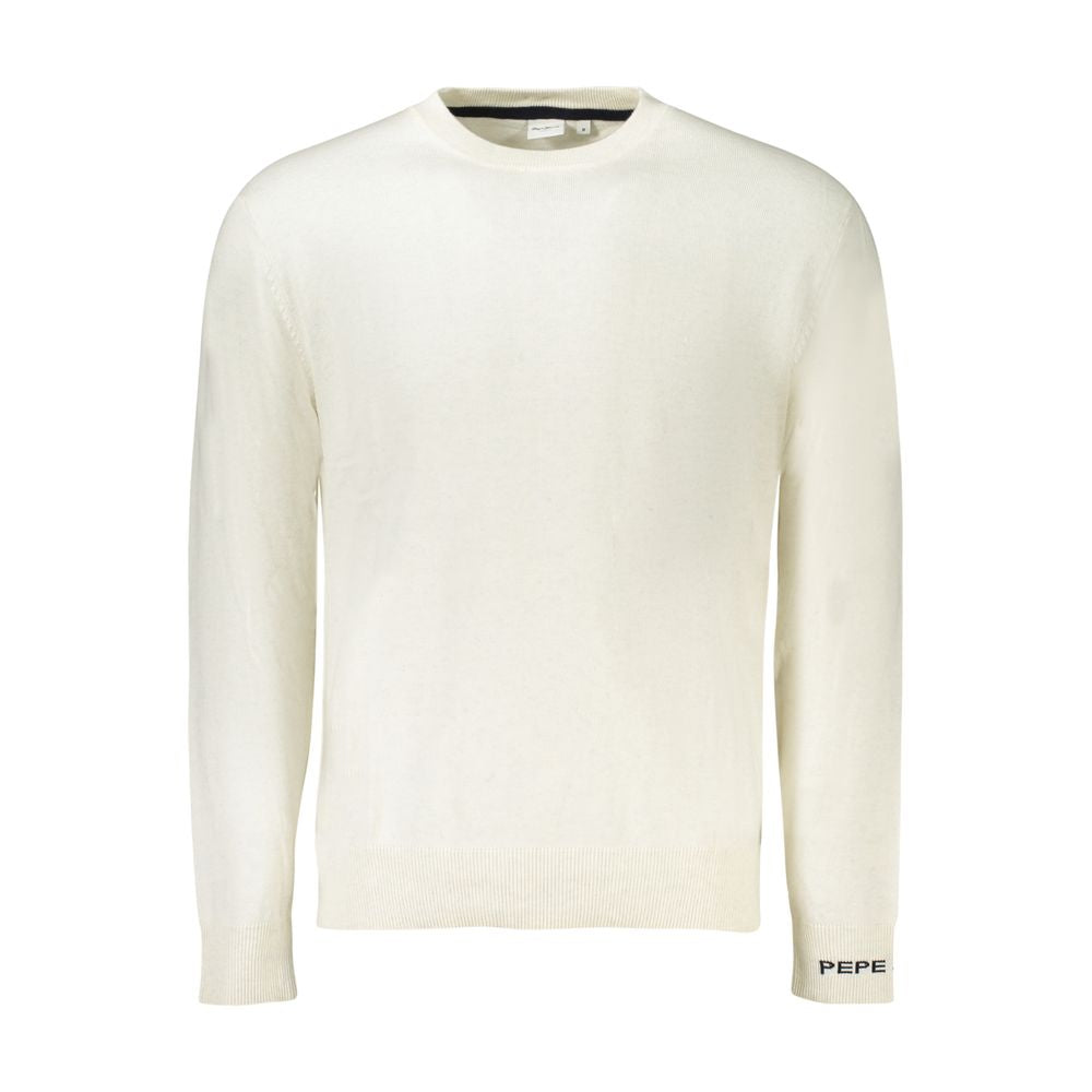 Pepe Jeans White Cotton Sweater with long sleeves, crew neck, embroidery, and logo detail.