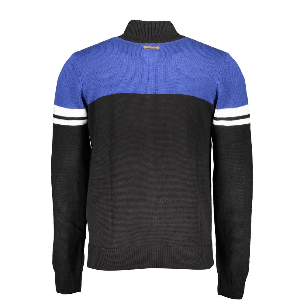 Back view of Gianmarco Venturi Black Cotton Sweater with long sleeves, zip, embroidery, contrasting blue details, and logo.