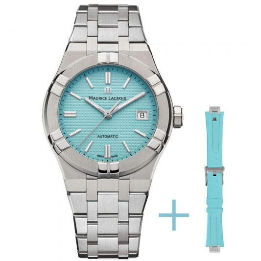 MAURICE LACROIX MOD. AIKON AUTOMATIC LIMITED EDITION wristwatch with turquoise dial and stainless steel bracelet, includes extra strap.