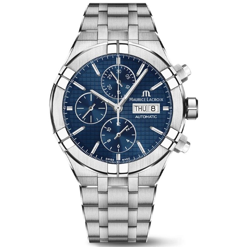 MAURICE LACROIX MOD. AIKON AUTOMATIC stainless steel men's wristwatch with blue chronograph dial and sapphire, made in Switzerland.