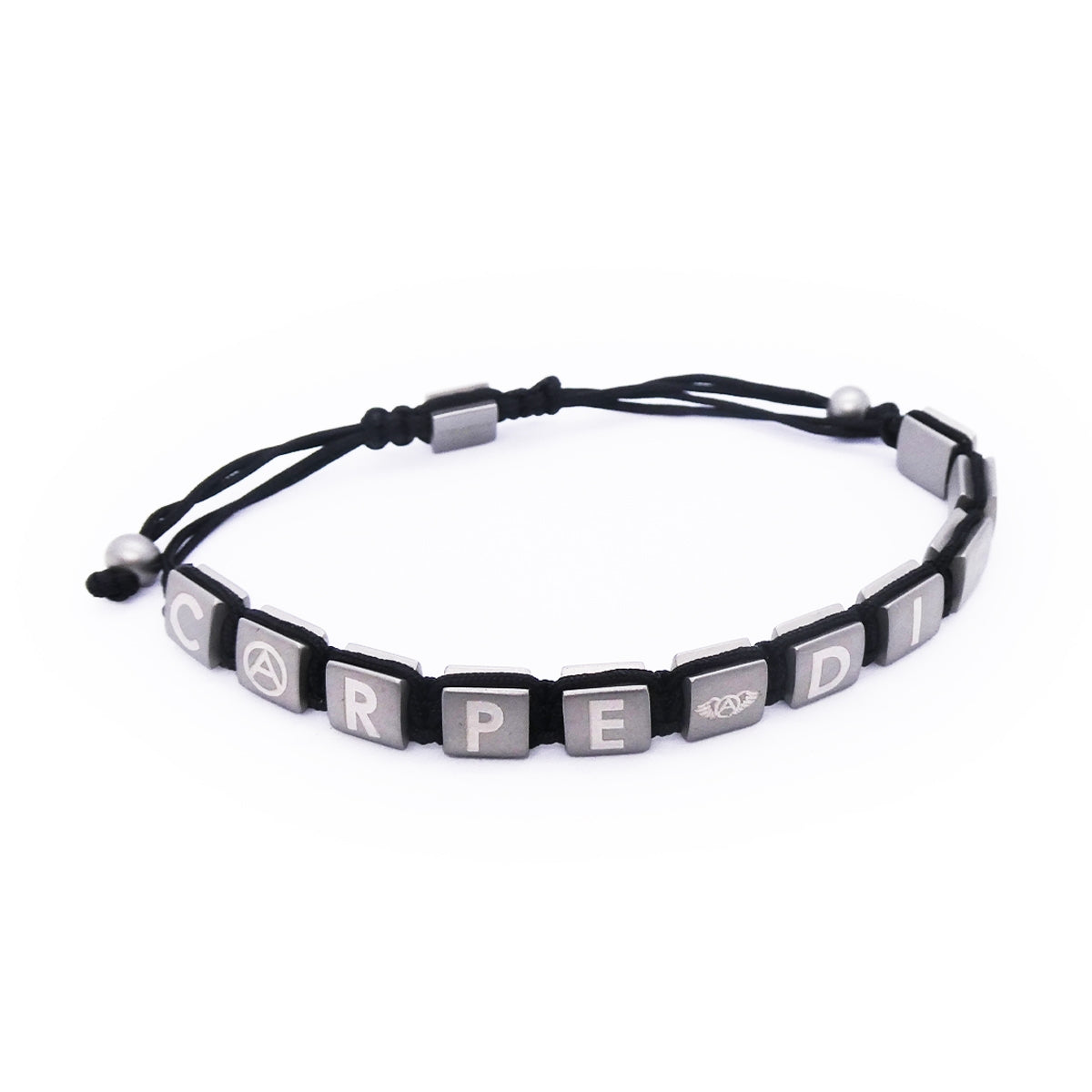 Alt Tag: Black and silver bracelet with 'CARPE DIEM' cubes, adjustable, AN JEWELS JEWELRY Mod. AA.P222.