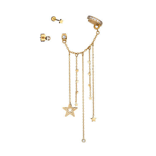 AN JEWELS JEWELRY Mod. AB.EP001G gold star chain earrings with studs and crystal accents