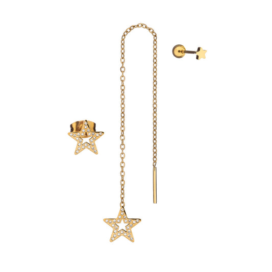 AN JEWELS JEWELRY Mod. AB.EP019 gold star earring set with chain design and studded details.
